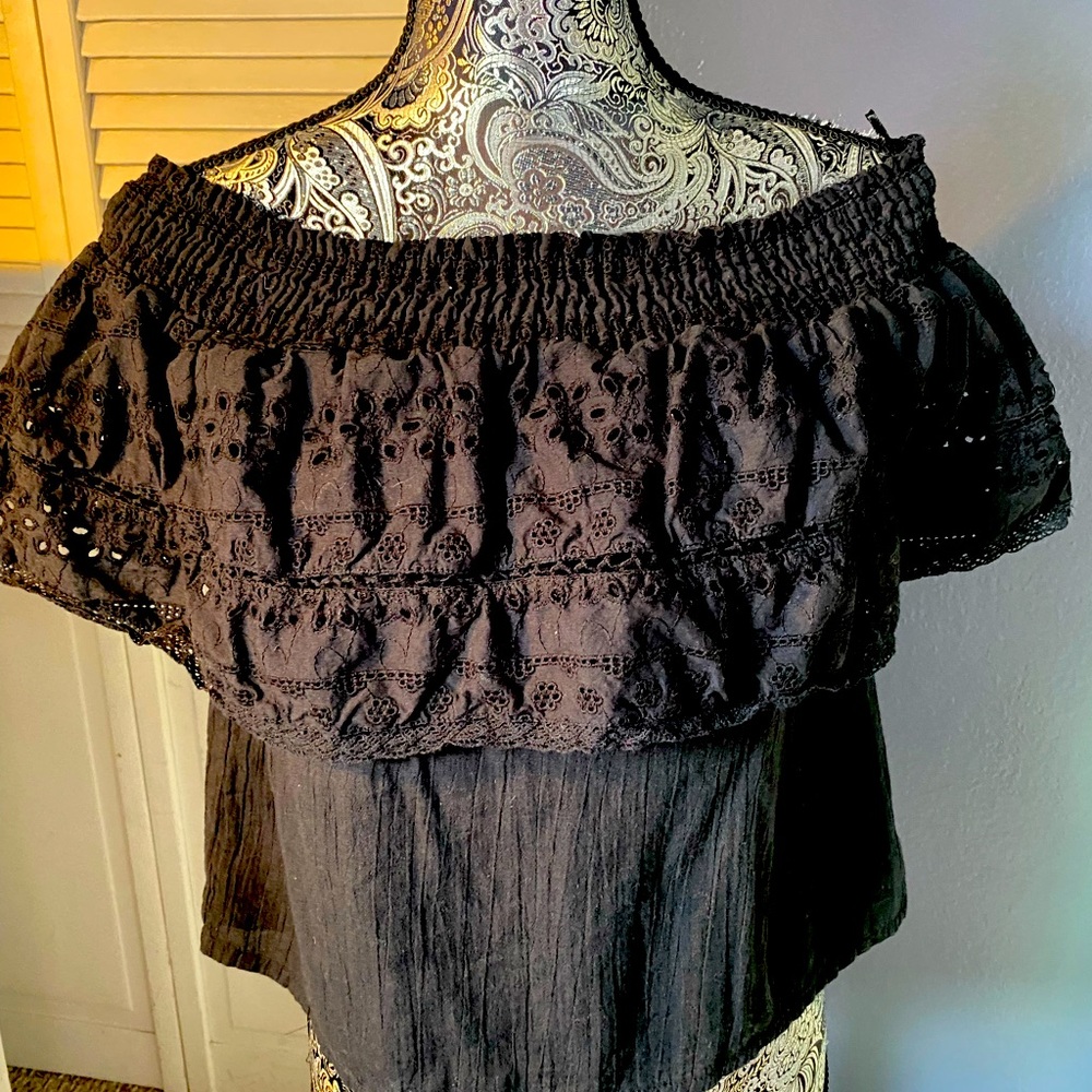 Y2K SOFIA BLACK OFF THE SHOULDERS EYELET COTTON TOP XS